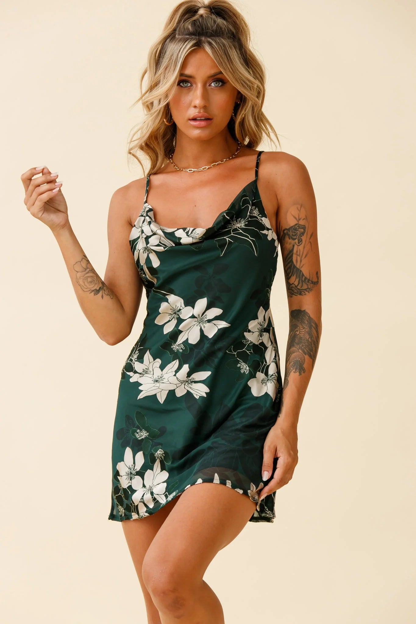 Show Me Love Cowl Neck Mini Dress Flower Print Green