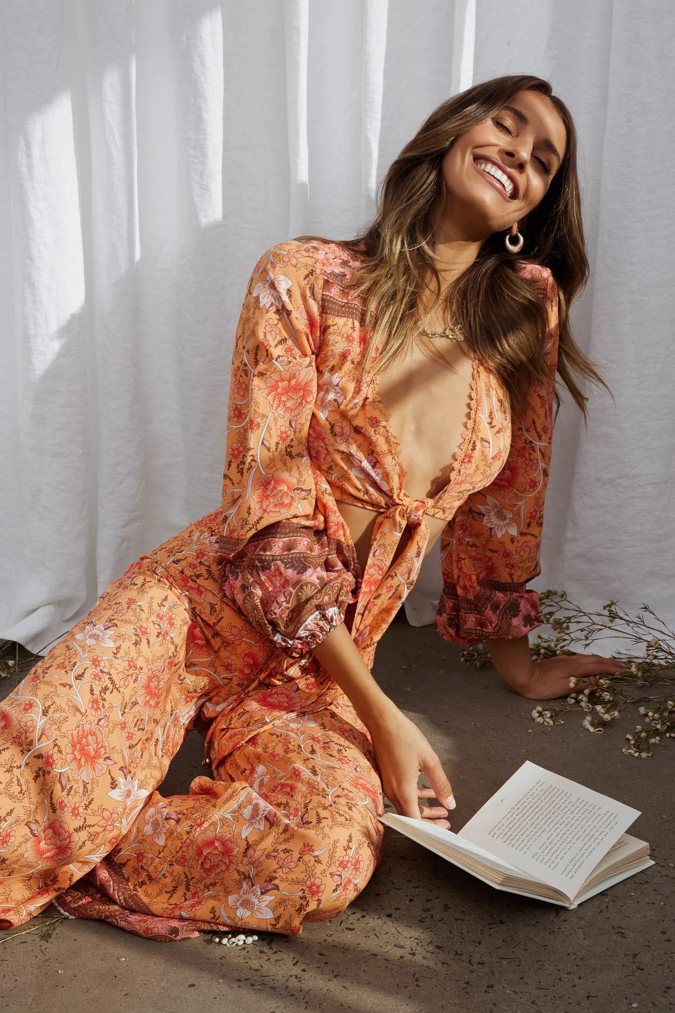 Novo Shirred Waist Long Pants Bohemian Print Orange