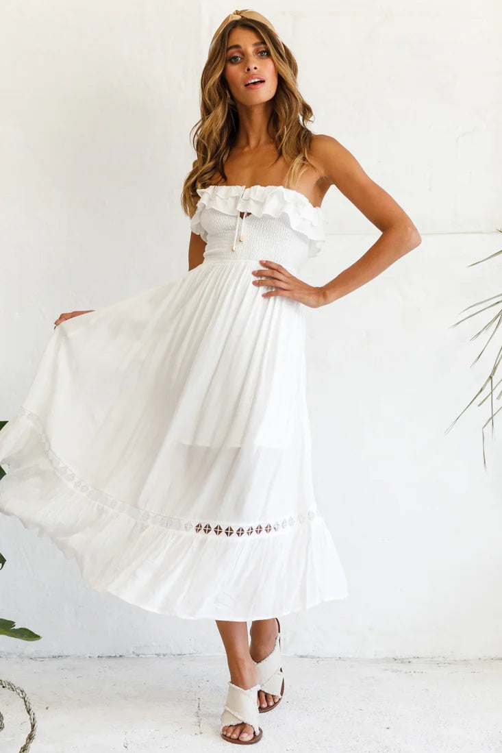 Daydream Shirred Bust Frill Trim Maxi Dress White