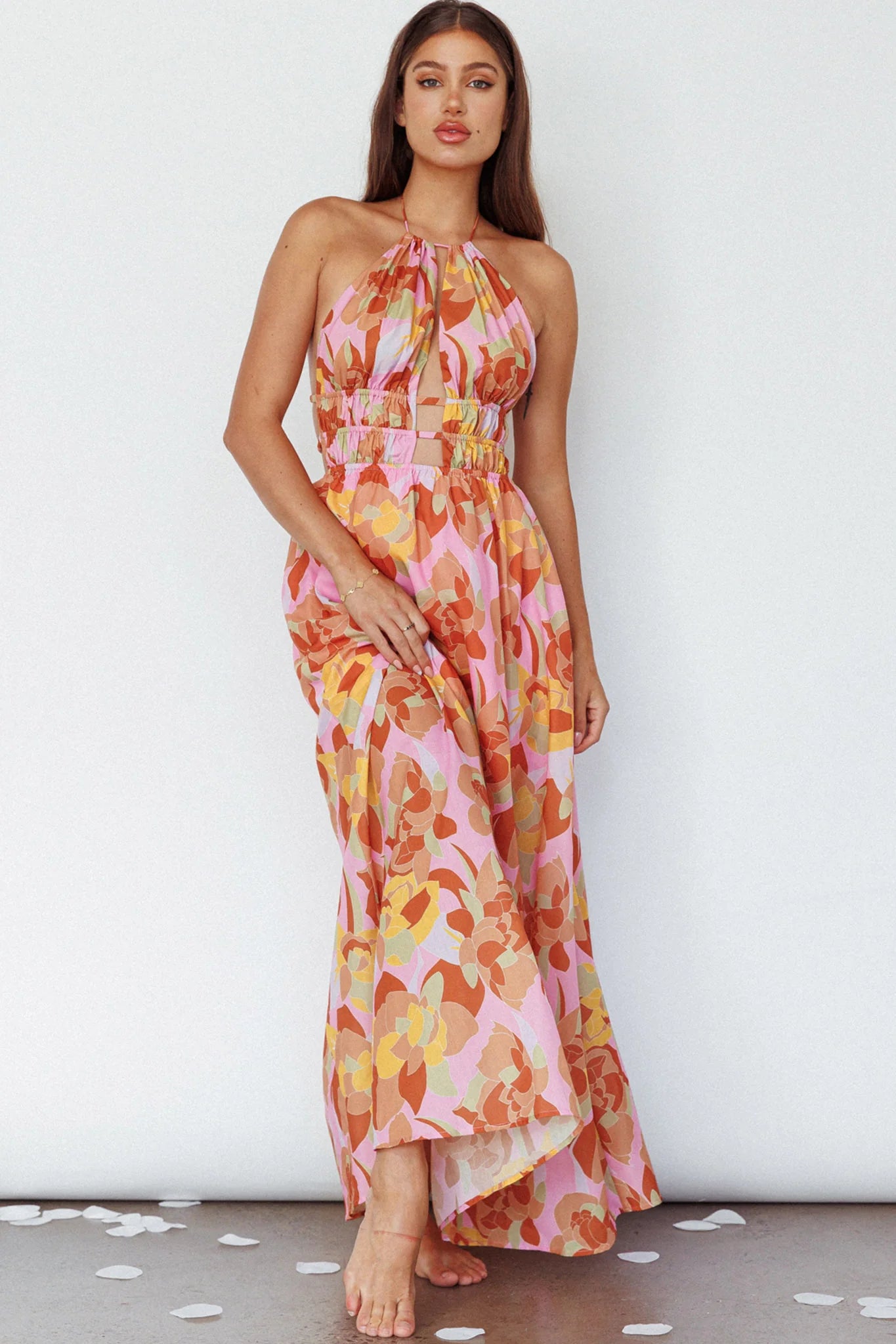 Cyndi Open Back Halterneck Maxi Dress Pink Multi