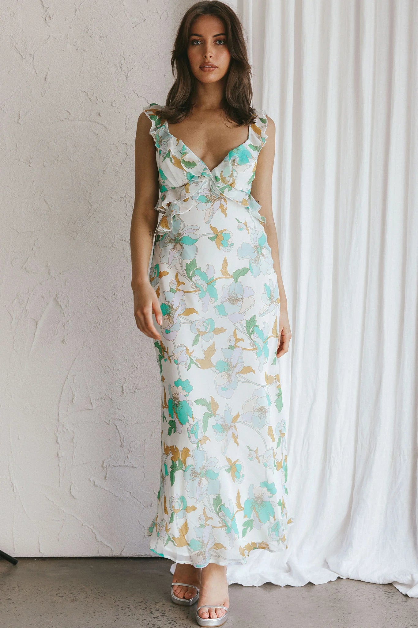 Second Chances Ruffle Trim Midi Dress Floral Mint