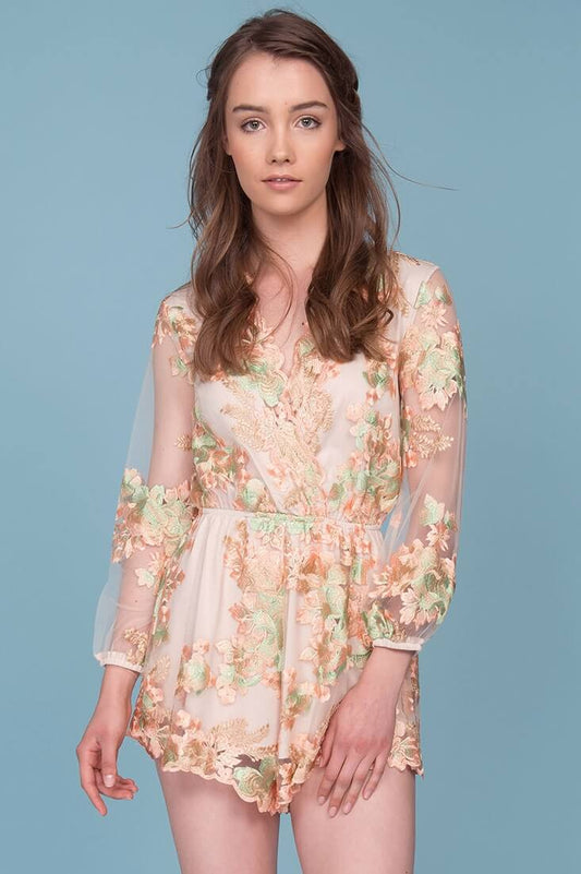 Emelia Embroidered Floral Romper Pink & Green