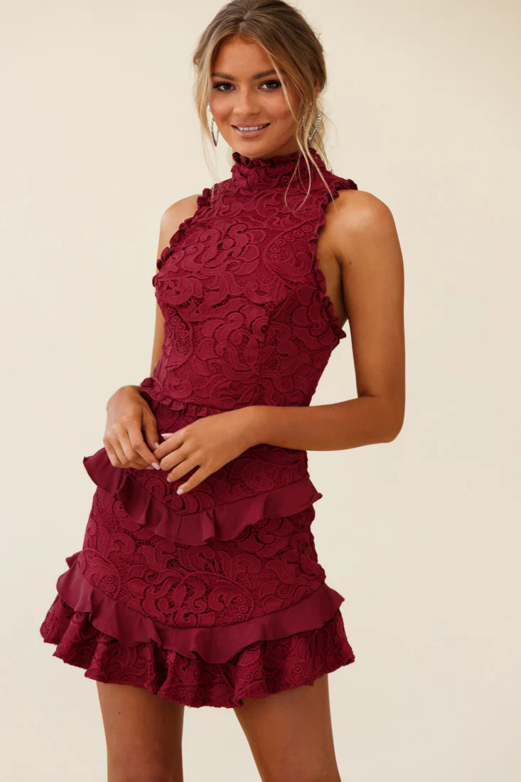 Osiris Sleeveless High Neck Lace Dress Wine
