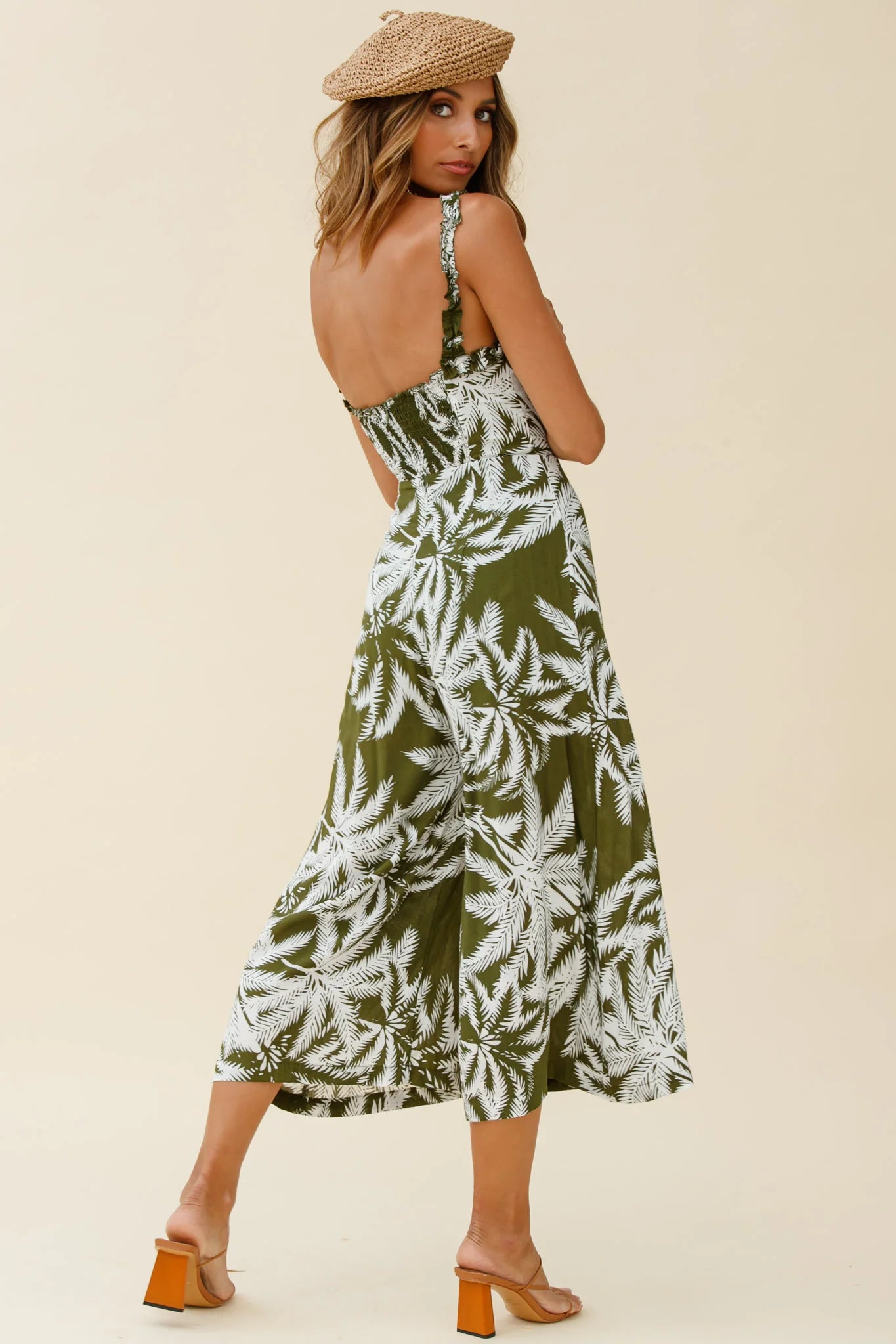 Magdalene Frill Strap Midi Jumpsuit Palm Print Olive