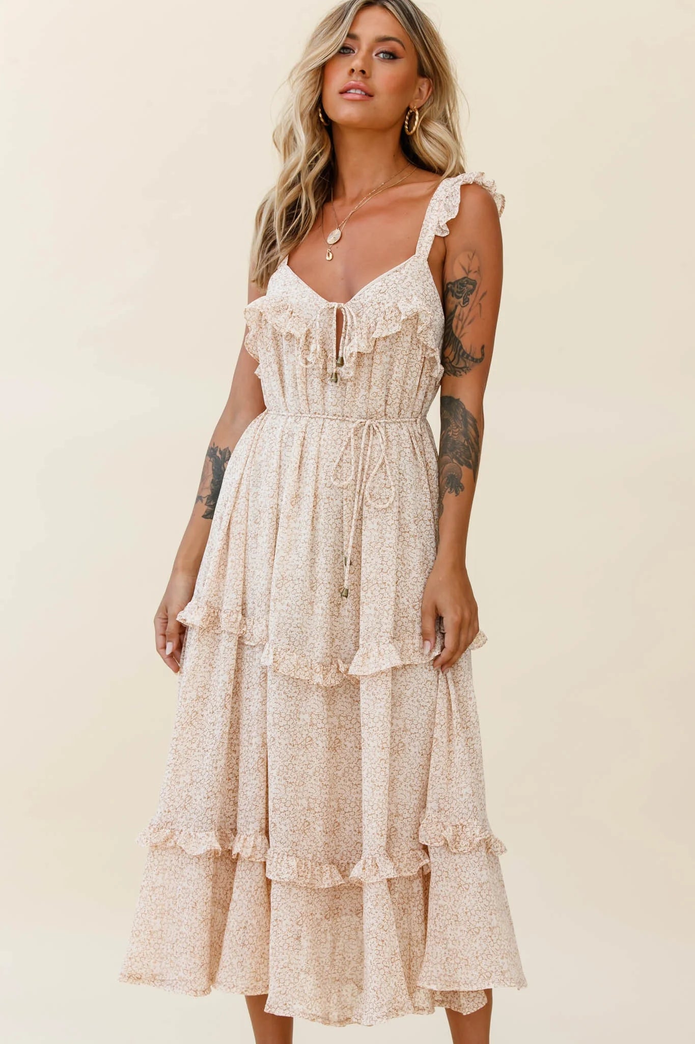 Priscilla Frill Detail Maxi Dress Floral Print Beige