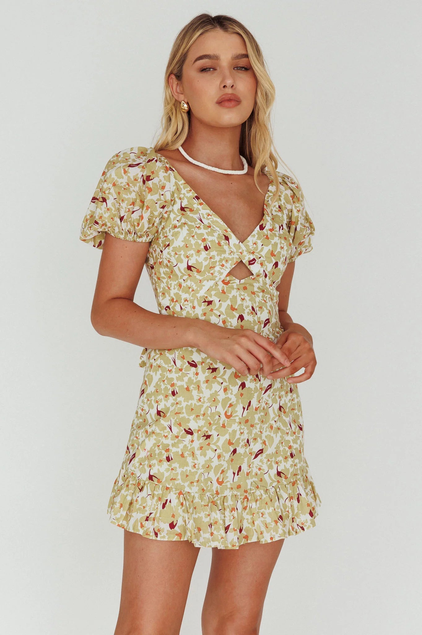 Connie Puff Sleeve Mini Dress Floral Olive
