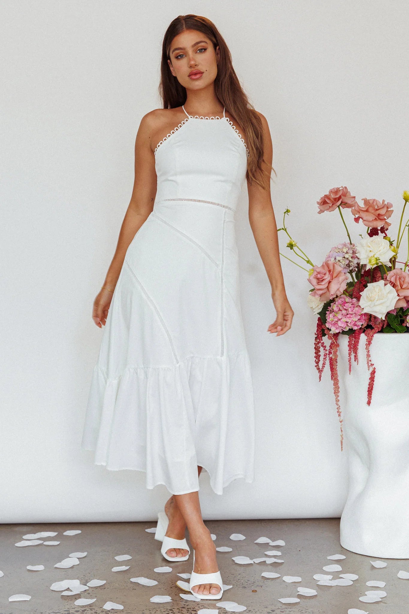 Felini Criss-Cross Back Flounce Midi Dress White