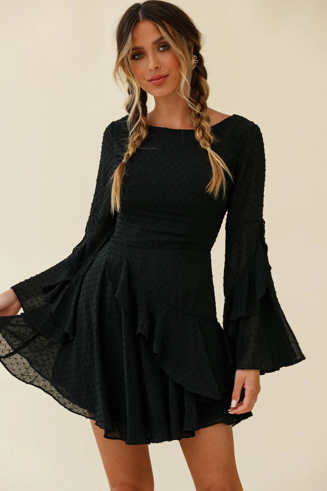 Carlini Flared Sleeve Boat Neckline Dress Black