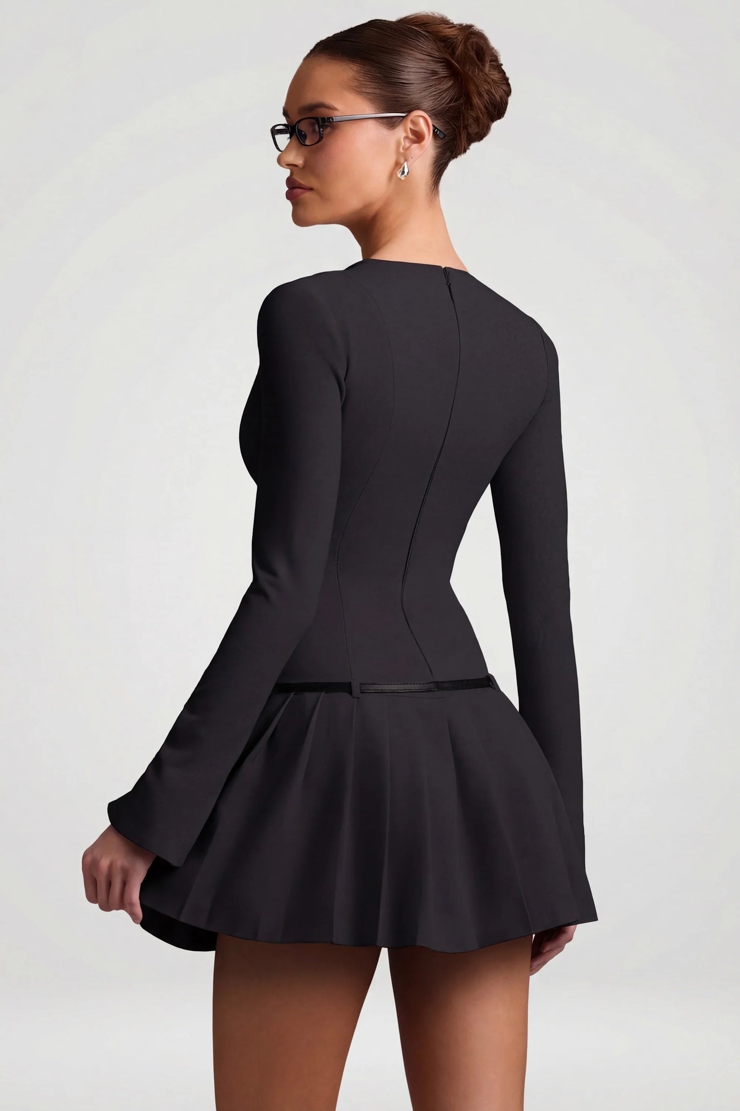 Long-Sleeve Pleated Mini Dress in Black