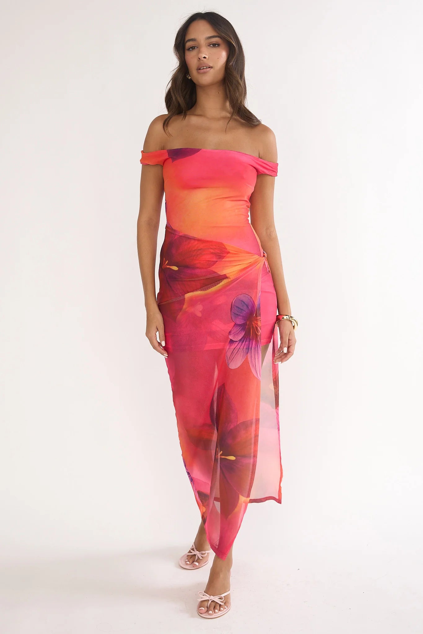 Romie Off-Shoulder Mesh Maxi Dress Print Floral