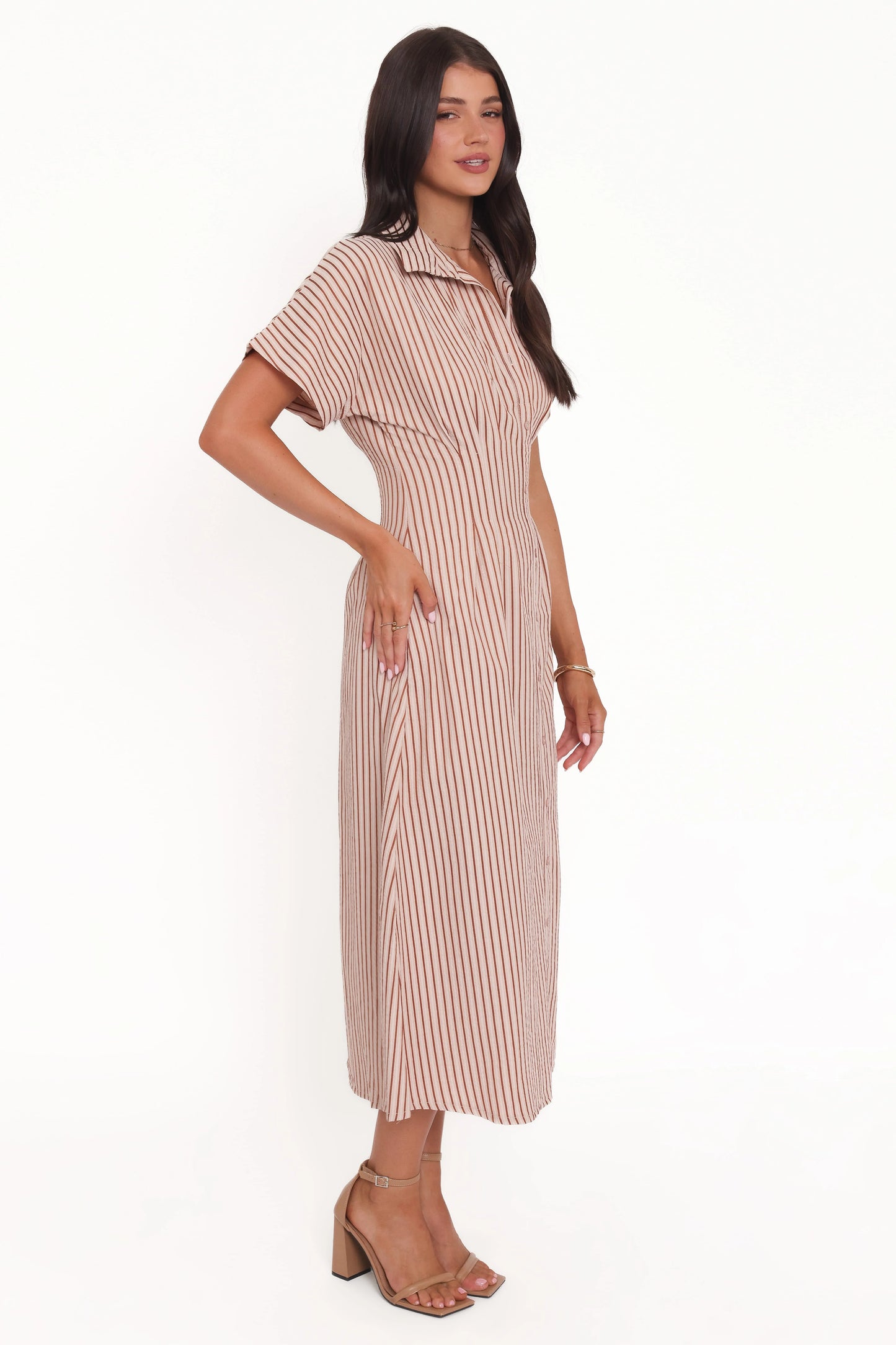 Eilis Short Sleeve Button Down Maxi Dress - Brown Stripe
