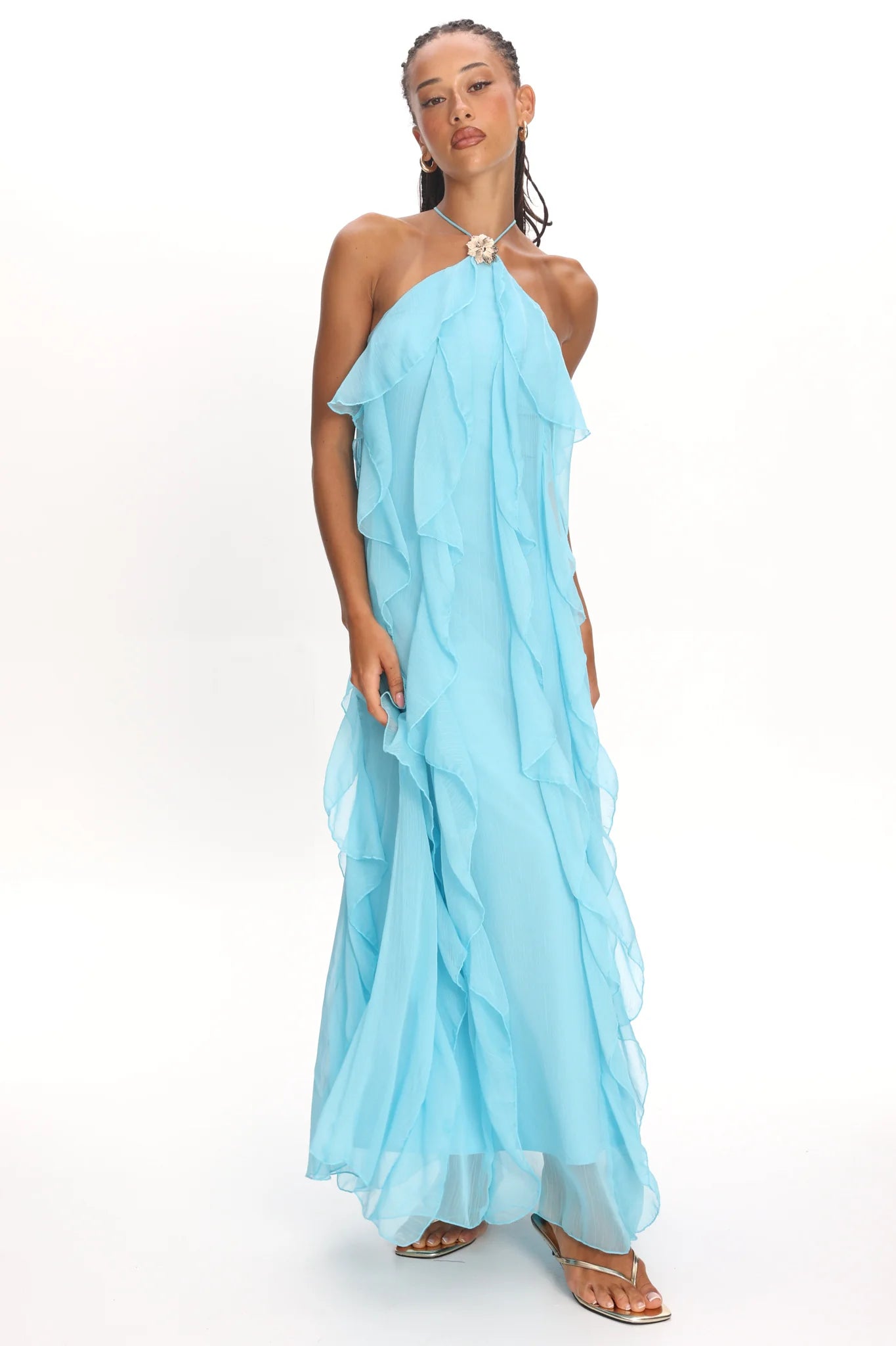Cici Halterneck Ruffle Maxi Dress Aqua