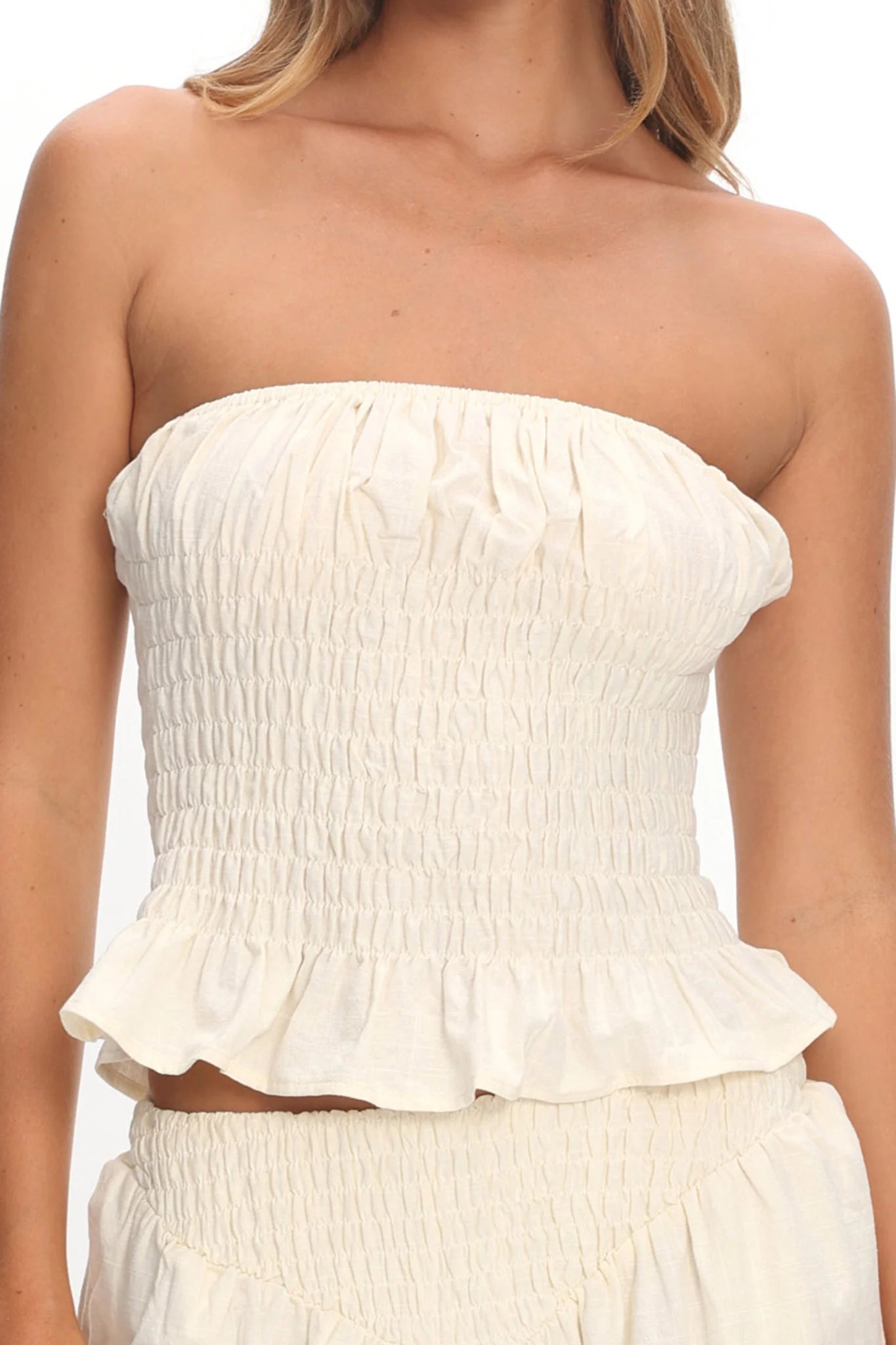 Norina Shirred Strapless Top Cream