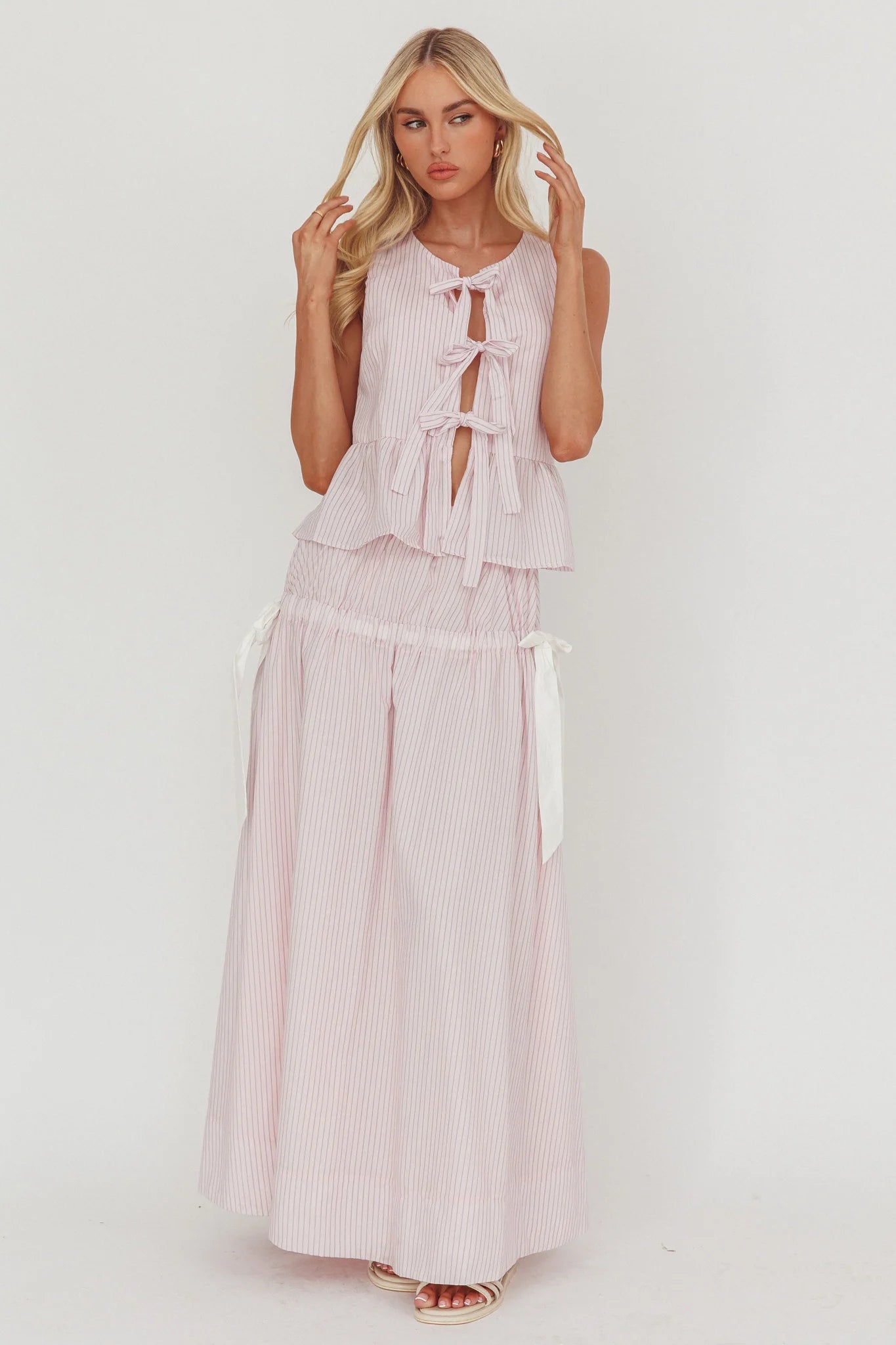 Salty Sea Side Bow Maxi Skirt Blush Stripe