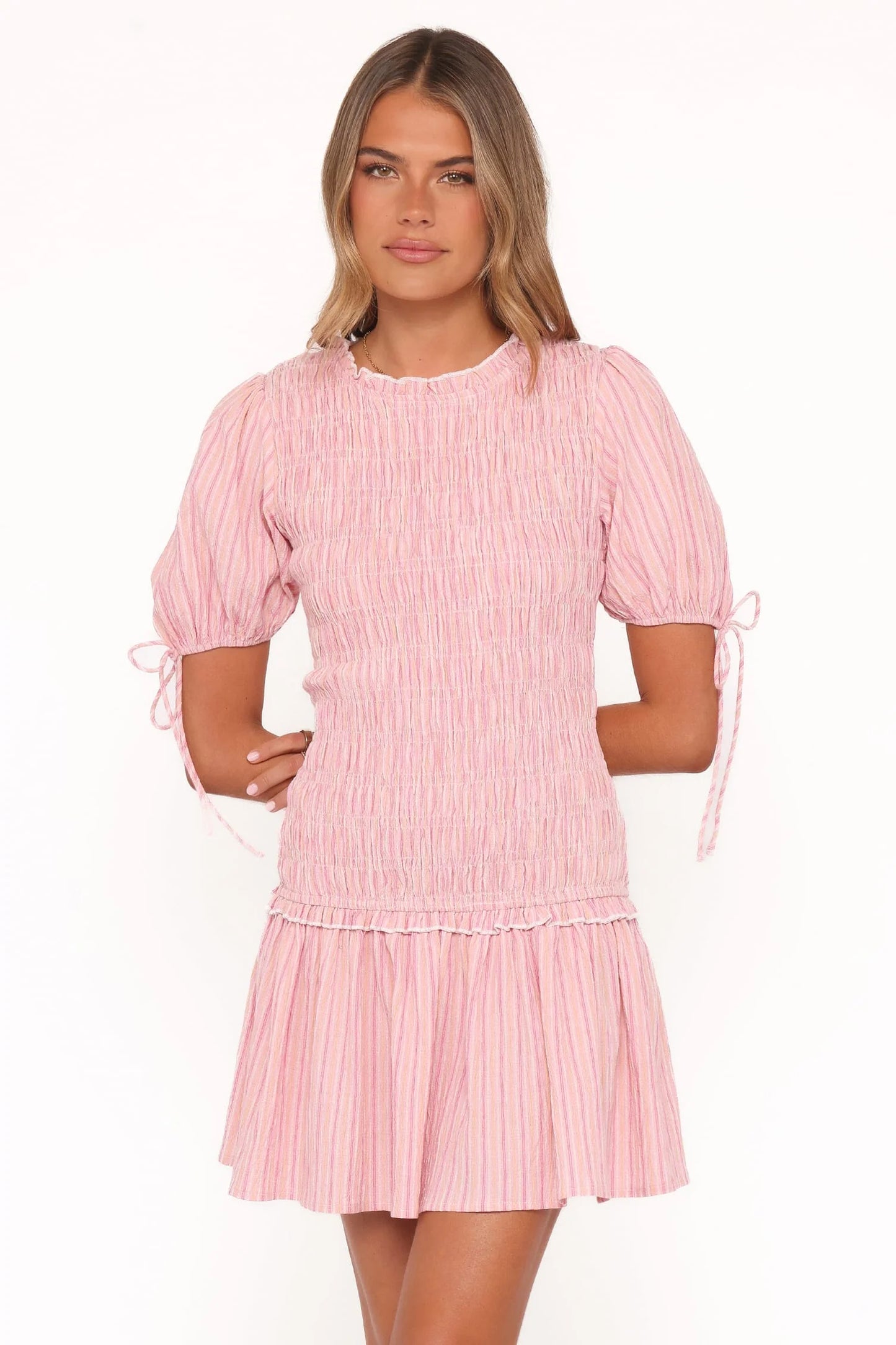 Kaelyn Gather Mini Dress - Pink Stripe