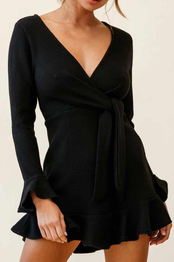 Shalini Flared Cuff Surplice Neckline Knit Dress Black