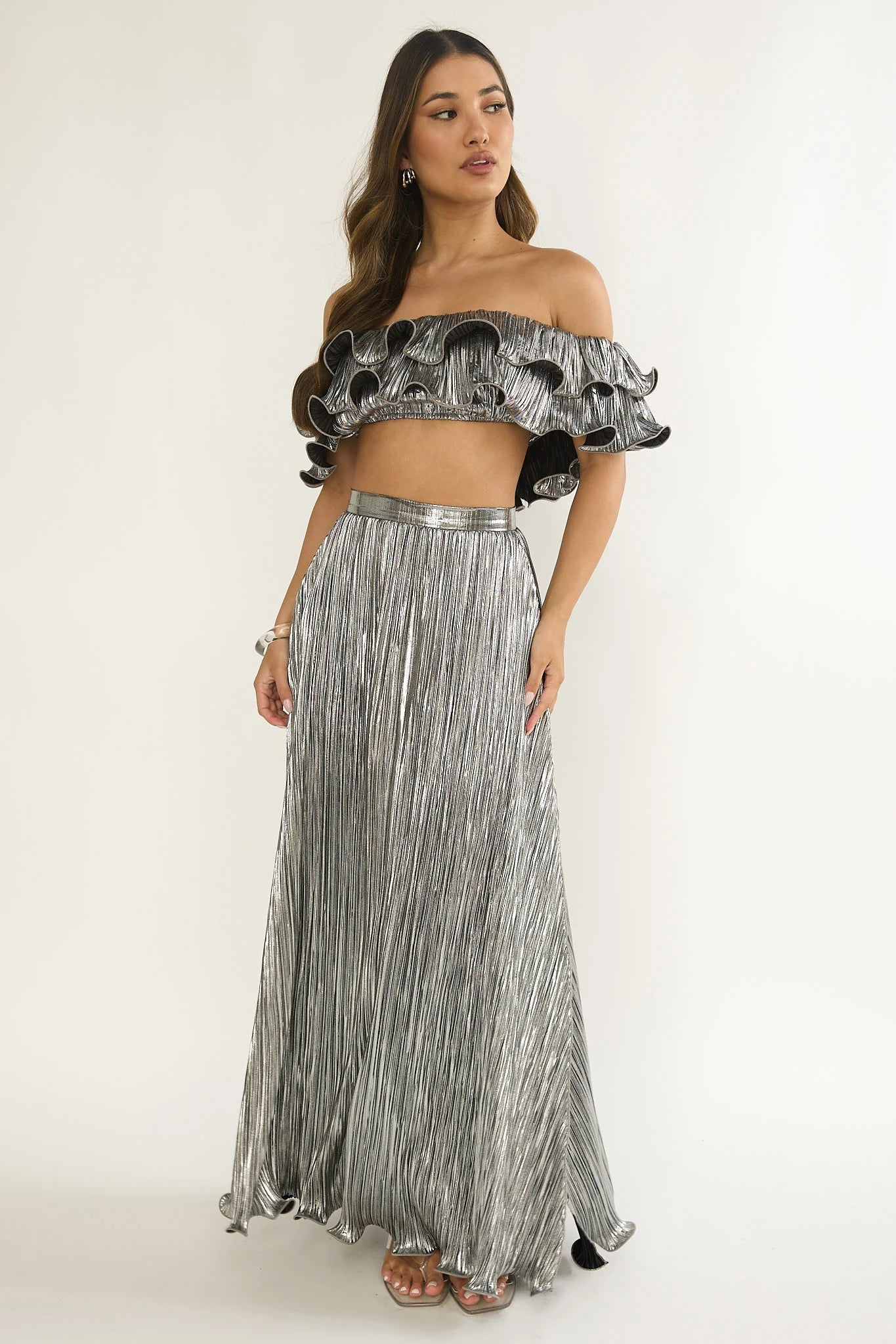 Amaria Lettuce Edge Maxi Skirt Silver
