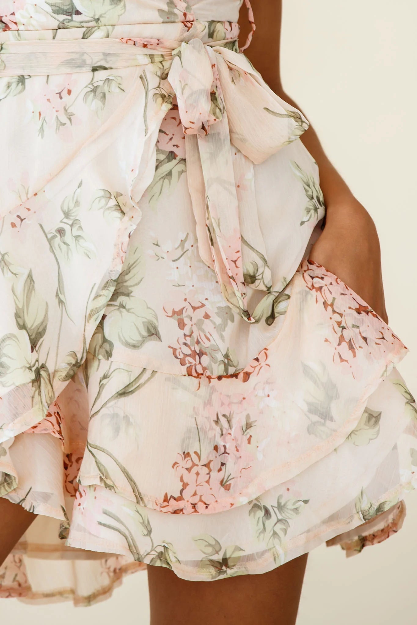 Cami Angel Sleeve Faux Wrap Dress Hydrangea Print Nude