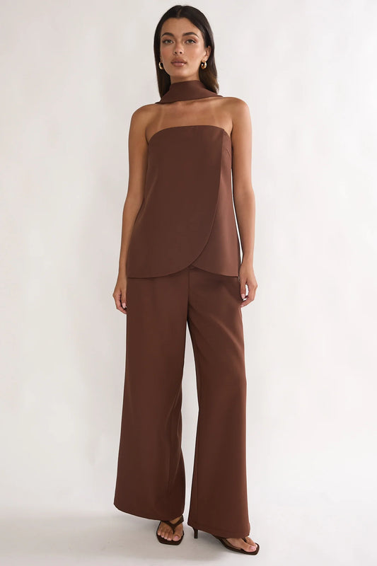 Florene Strapless Split Scarf Pants Chocolate