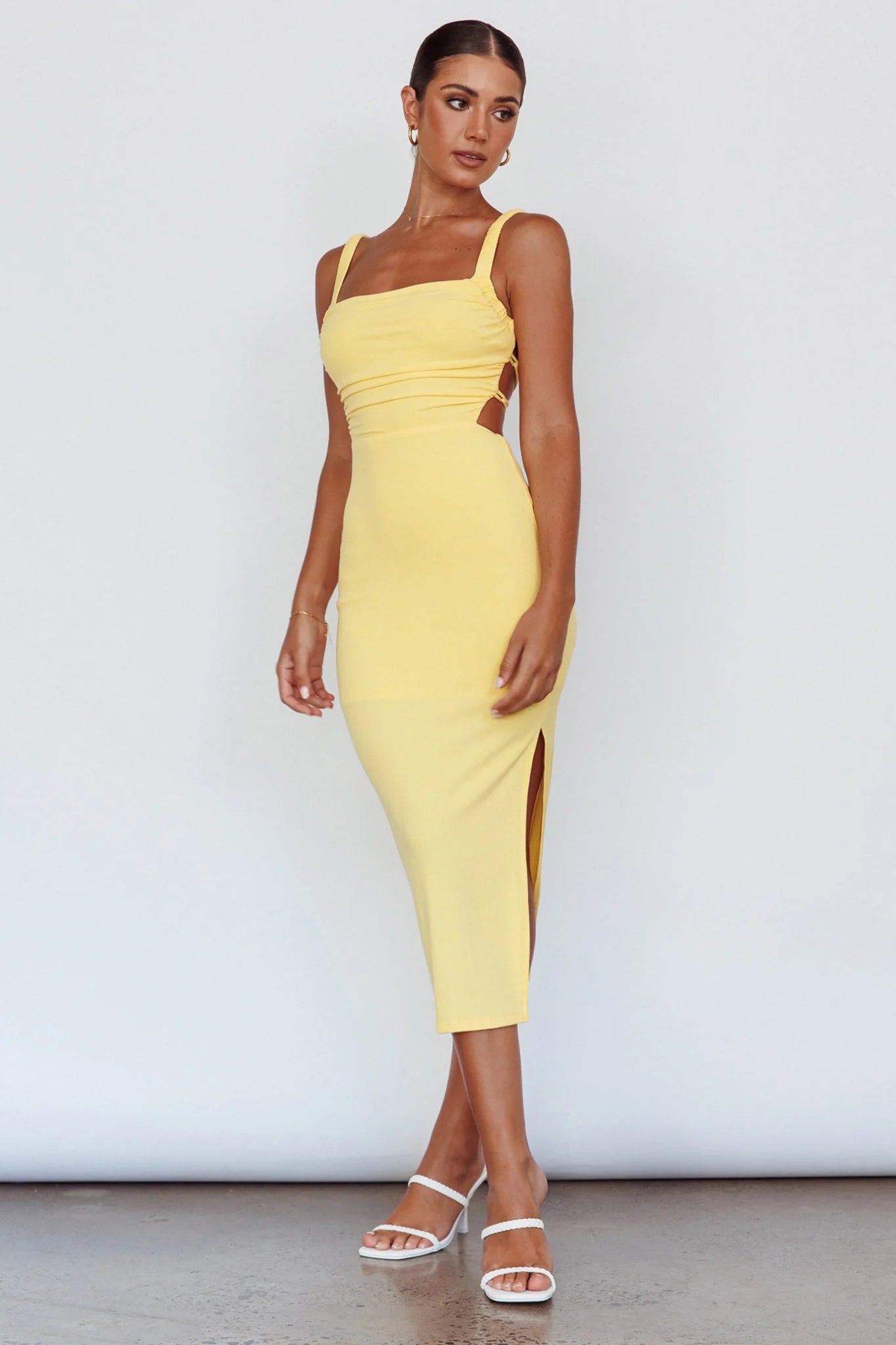 Dream Crush Lace-Up Back Side Split Midi Dress Yellow