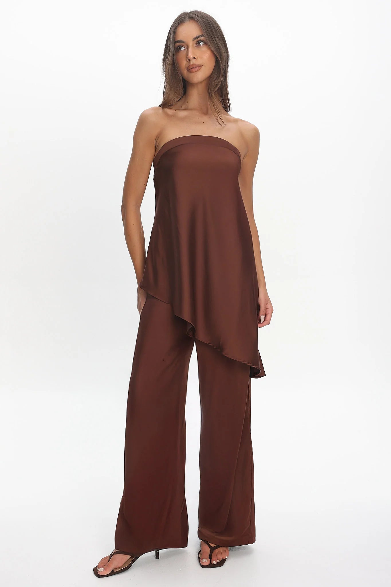 Danita Asymmetric Hem Strapless Top Chocolate