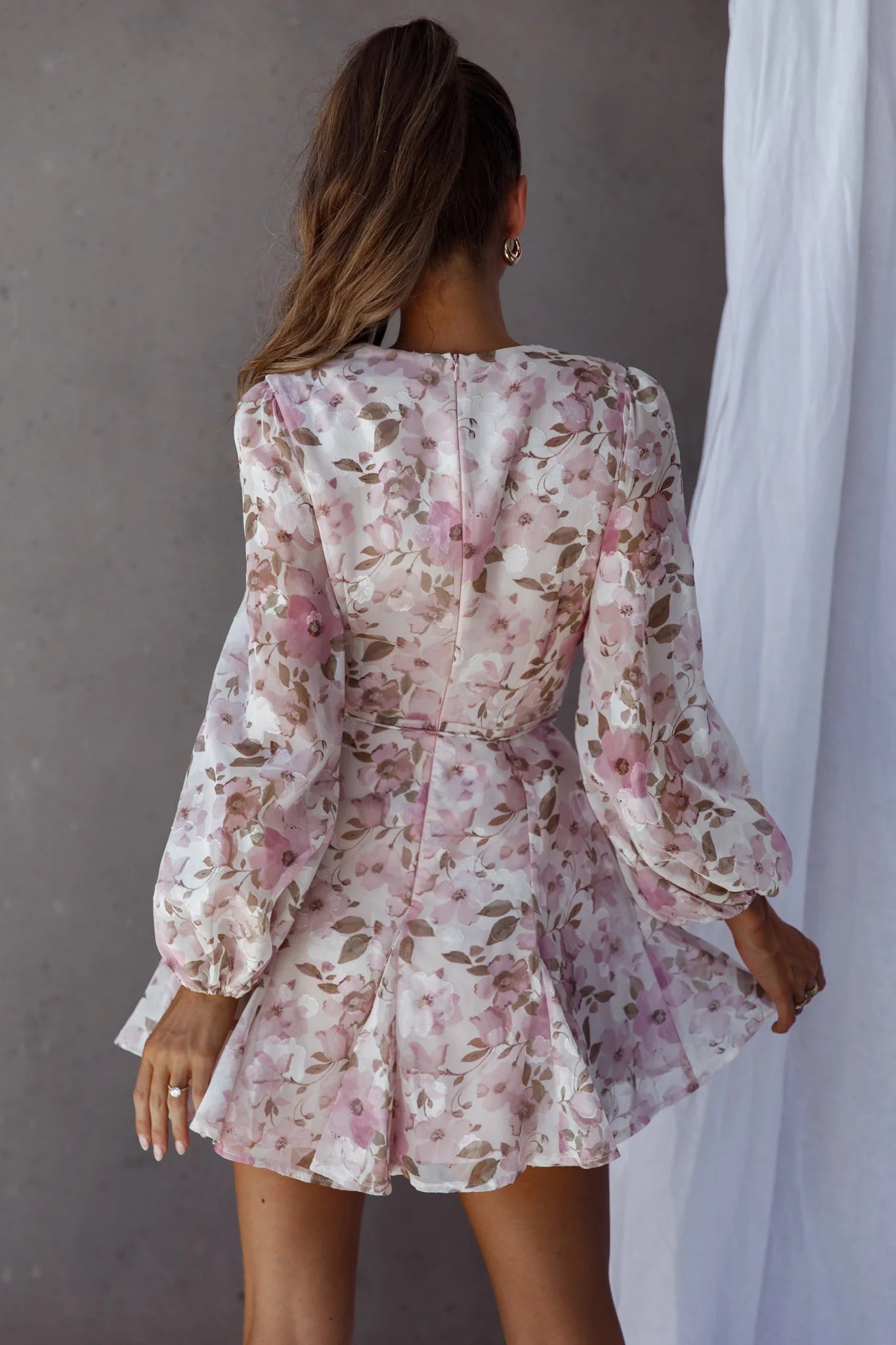 Estelle Long Sleeve V-Neckline Dress Watercolor Floral Print Rose