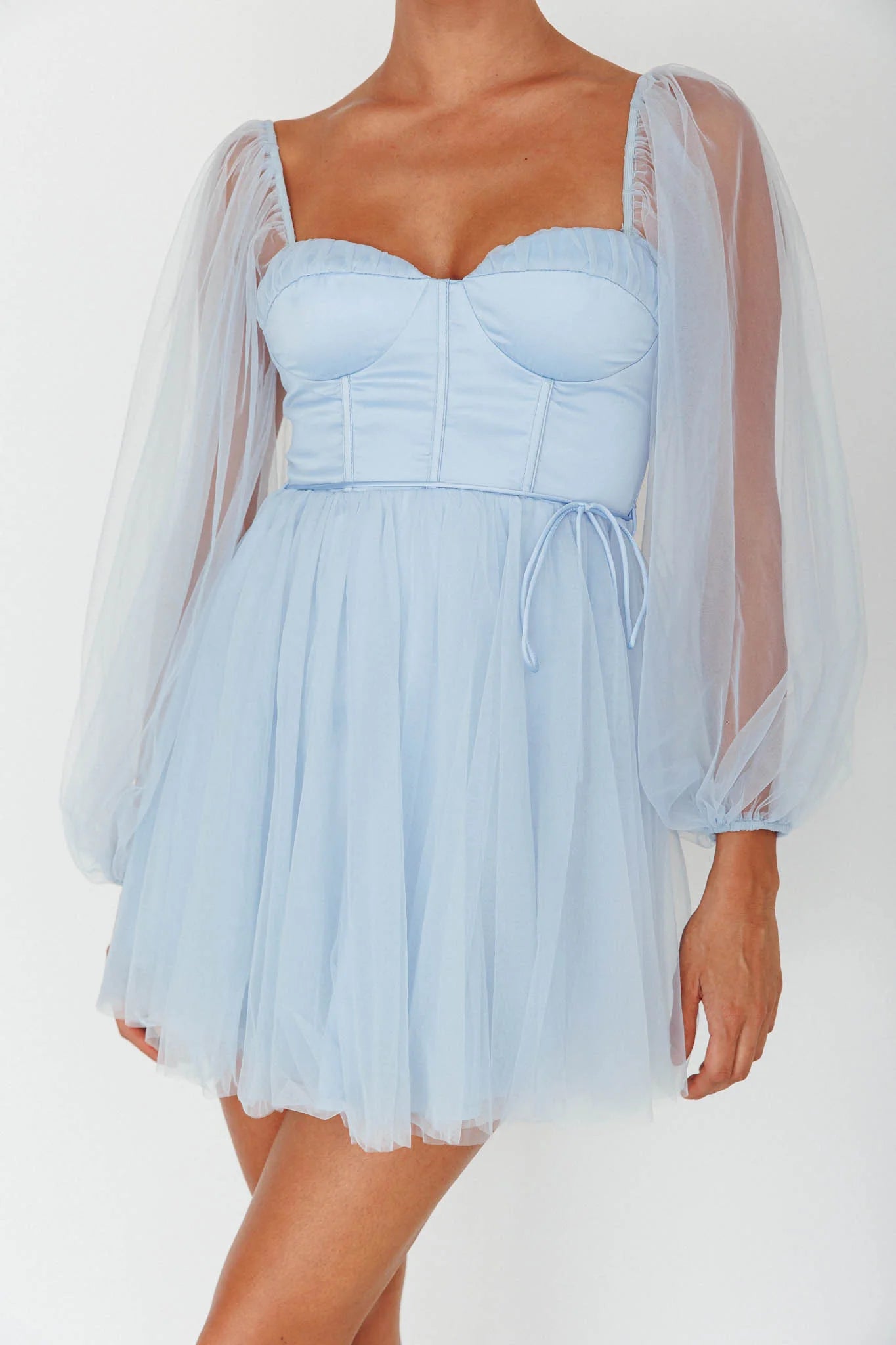 Fairytale Dream Sheer Sleeve Mini Dress Blue