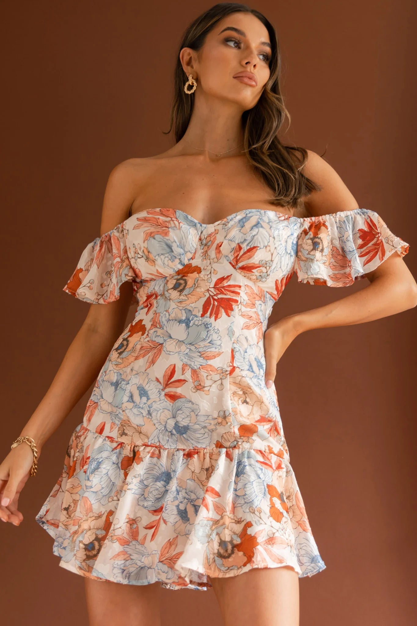 Park Avenue Flutter Sleeve Mini Dress Floral Peach