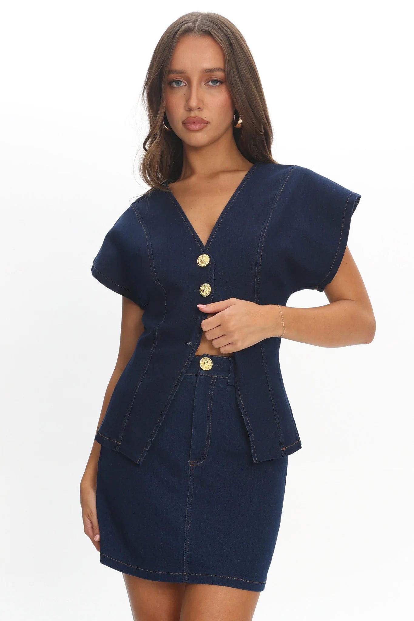 Over It Short Gold Button Mini Skirt Denim