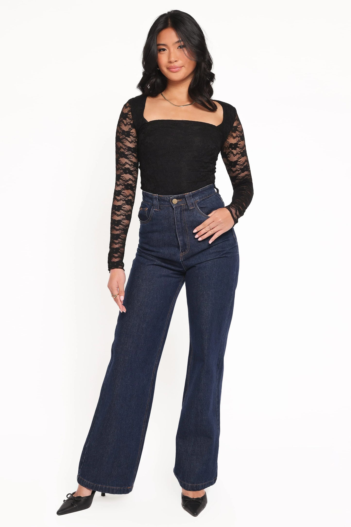 Skyler Square Neck Stretch Lace Top - Black