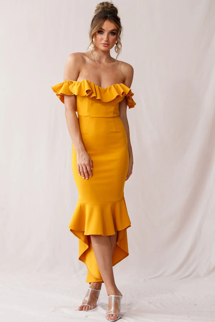 Cloud 9 Bardot Neckline Corset Back Dress Mustard