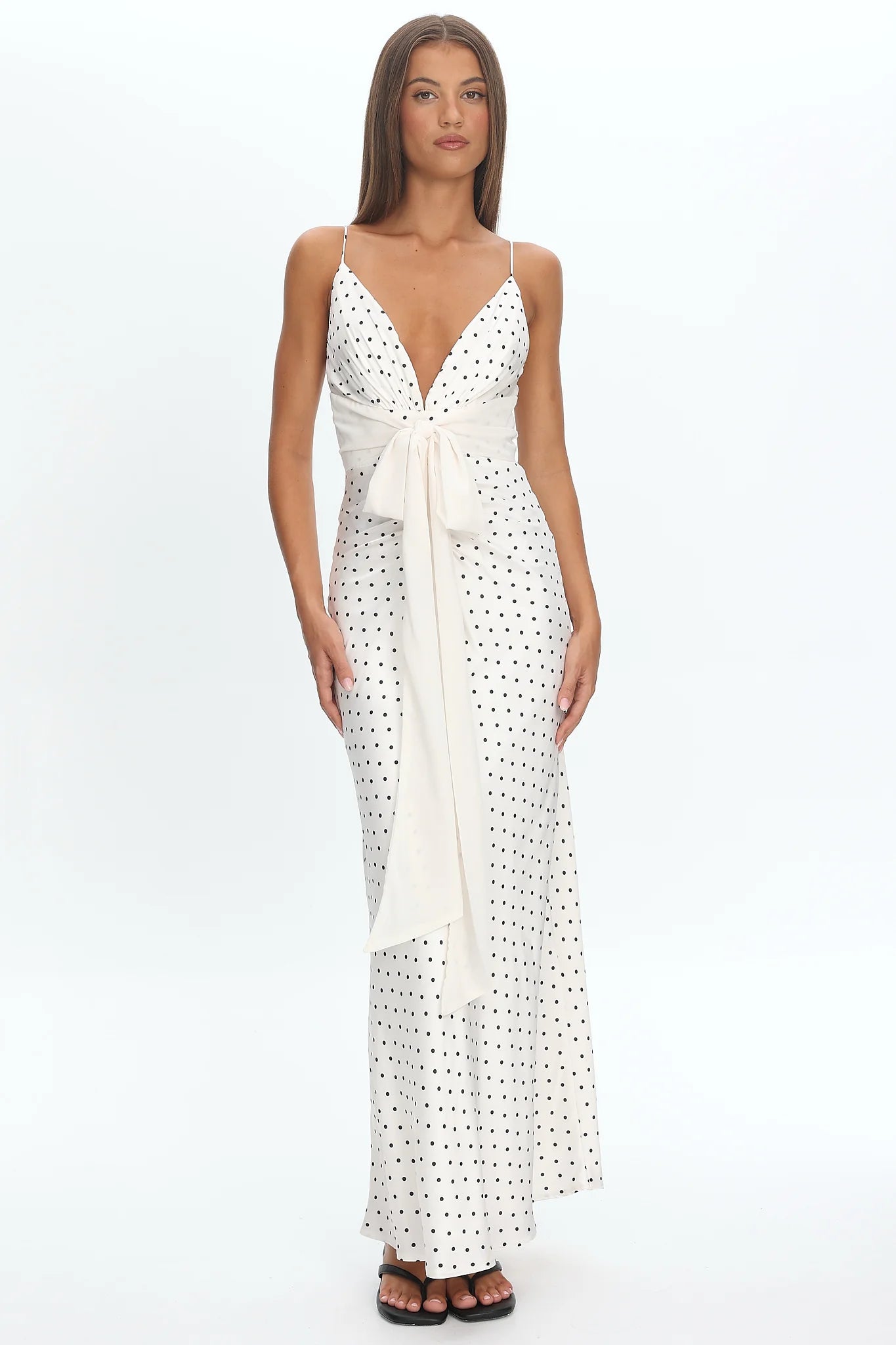 Ambrette Bow Waist Maxi Dress Polka Dot Cream