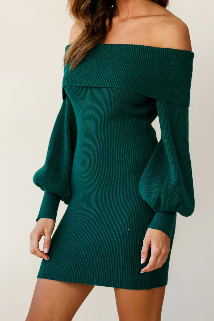 Runaway Off Shoulder Balloon Sleeve Knit Dress Forest Green