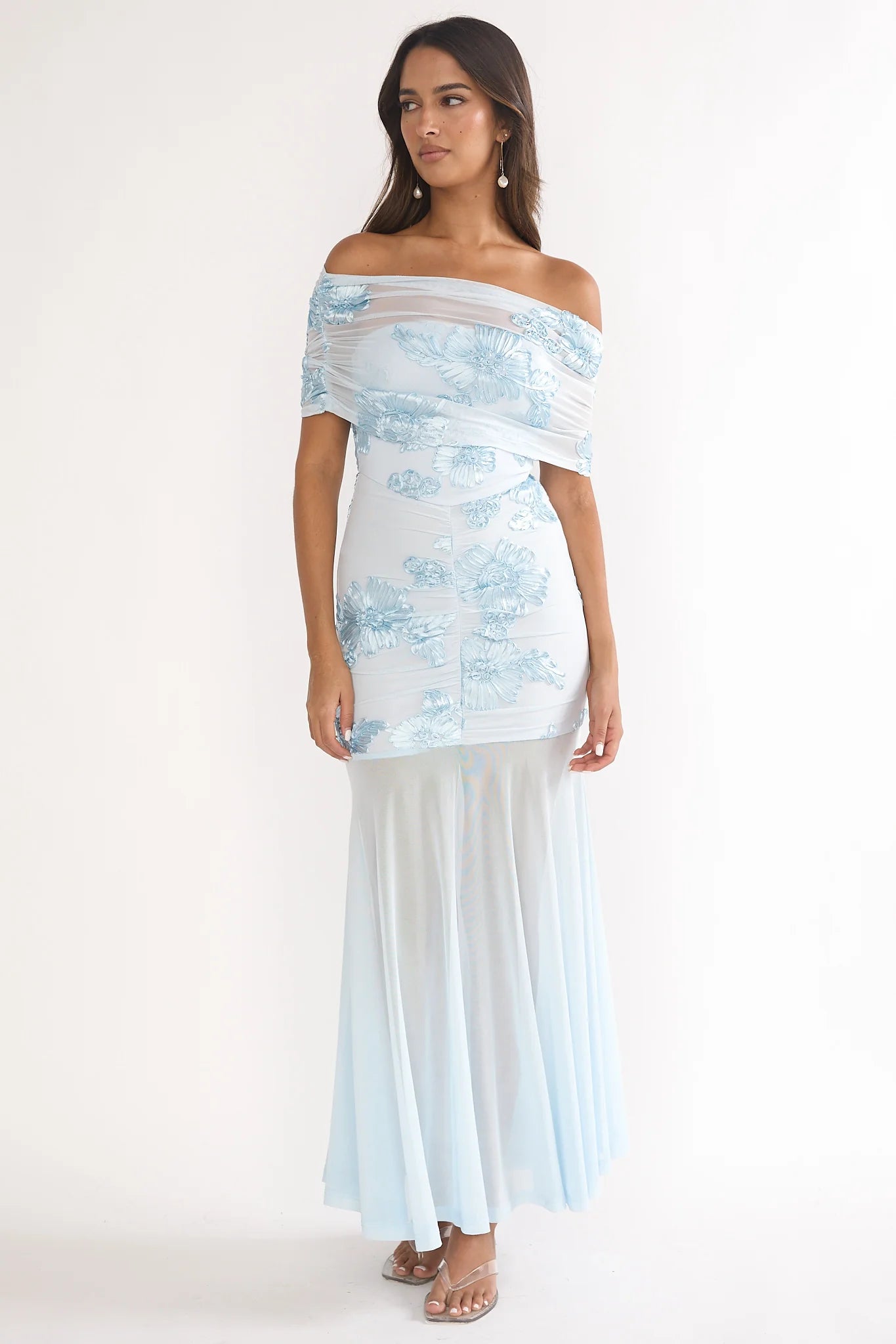 Clarita Sheer Ruched Maxi Dress Embellished Blue
