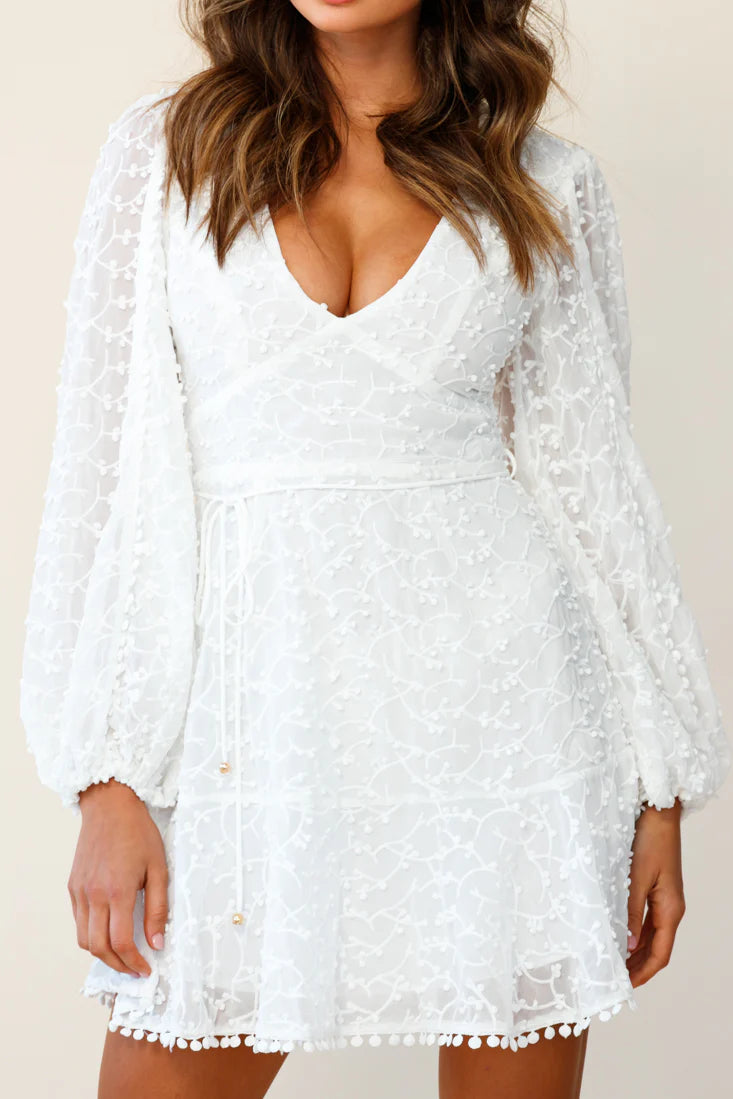 Primrose Long Balloon Sleeve Embroidery Overlay Dress White