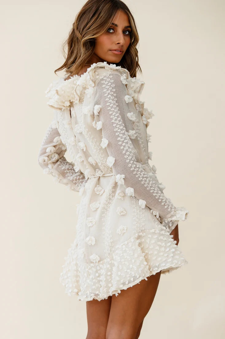 Georgie Long Sleeve Frill Neckline Embellished Chiffon Dress Beige