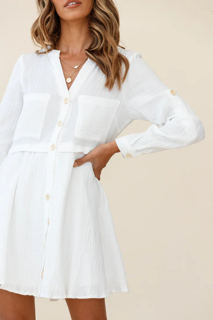 Holly Long Sleeve Double Pocket Shirt Dress White