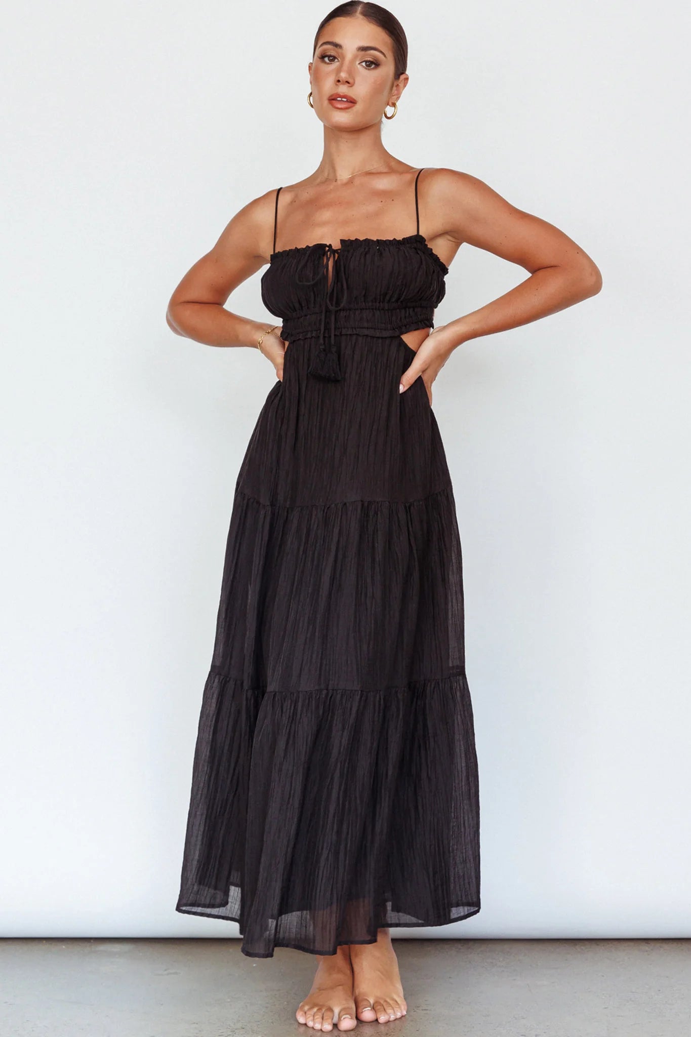 Eyona Cut-Out Waist Tie Maxi Dress Black
