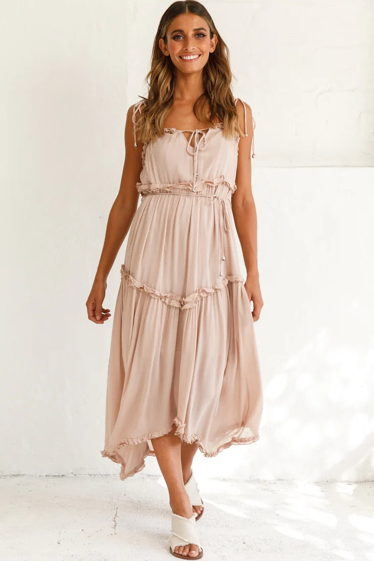 Santa Monica String Tie Maxi Dress Beige