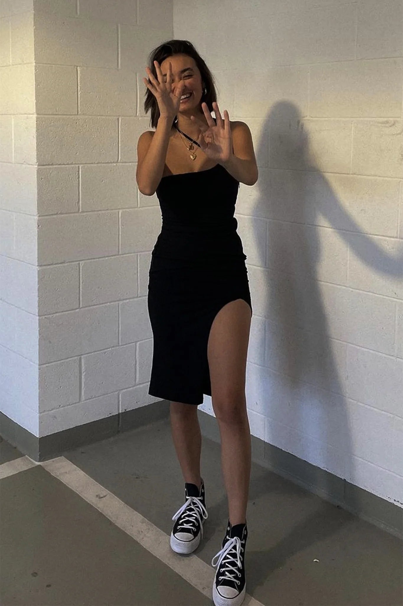 Cleopatra Asymmetrical Neckline Front Split Ribbed Dress Black
