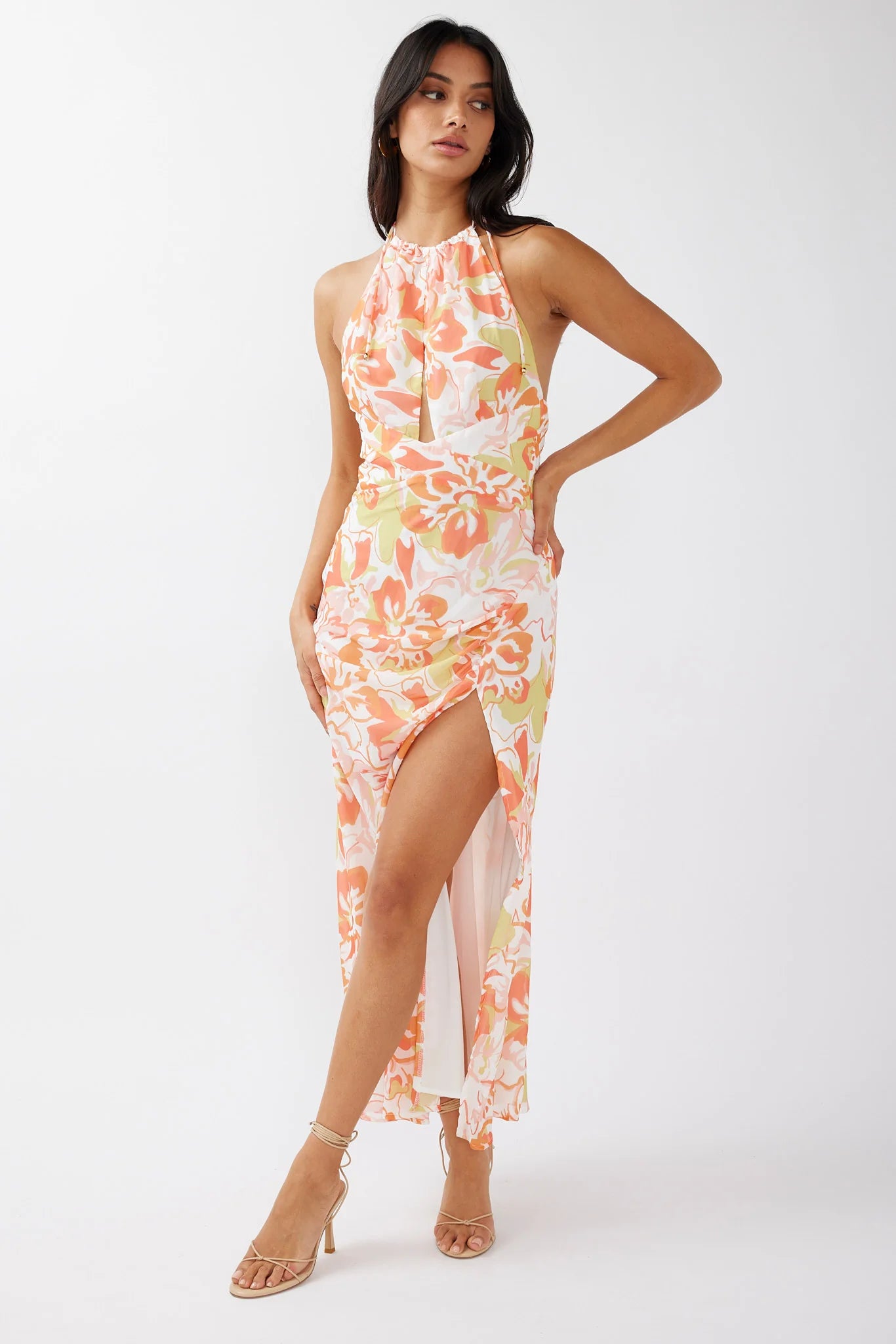 Nirvana Halterneck Split Midi Dress Floral Orange