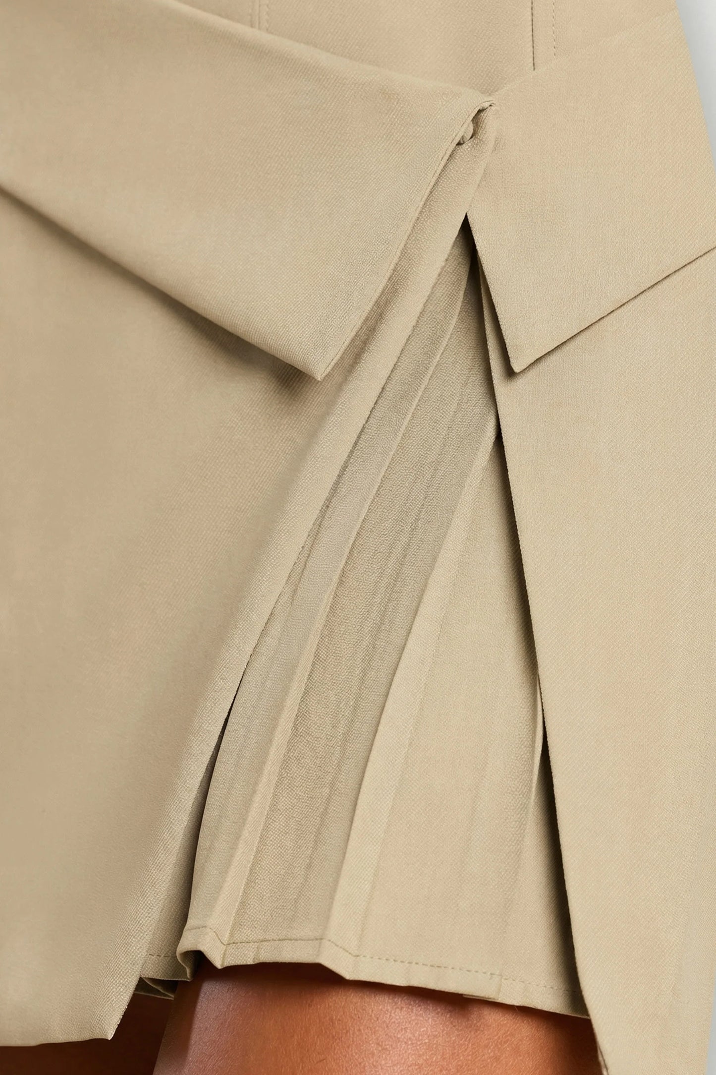 Woven Twill Wrap Over Pleated Mini Dress in Taupe
