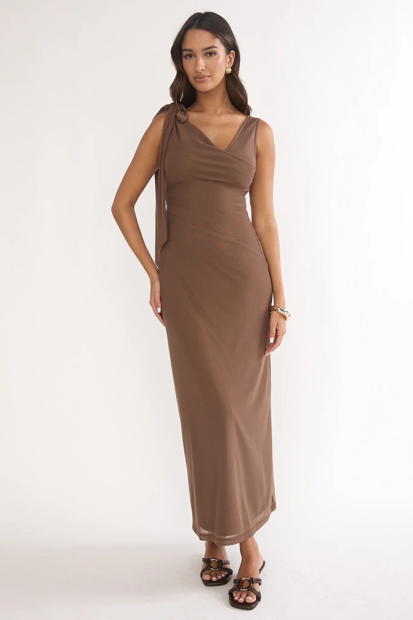 Cavelle Tie Shoulder Mesh Maxi Dress Chocolate