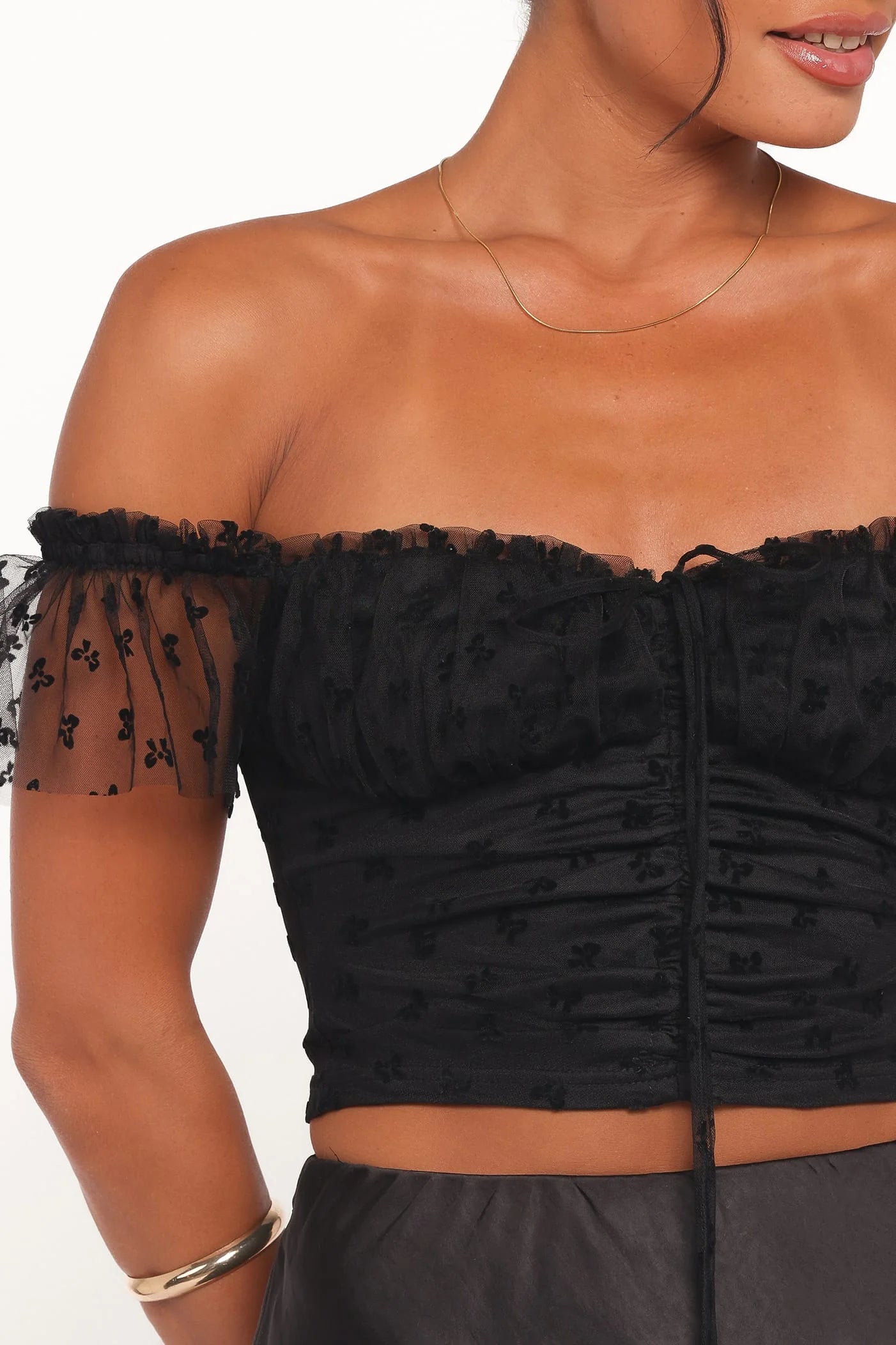 Aster Off Shoulder Mesh Top - Black