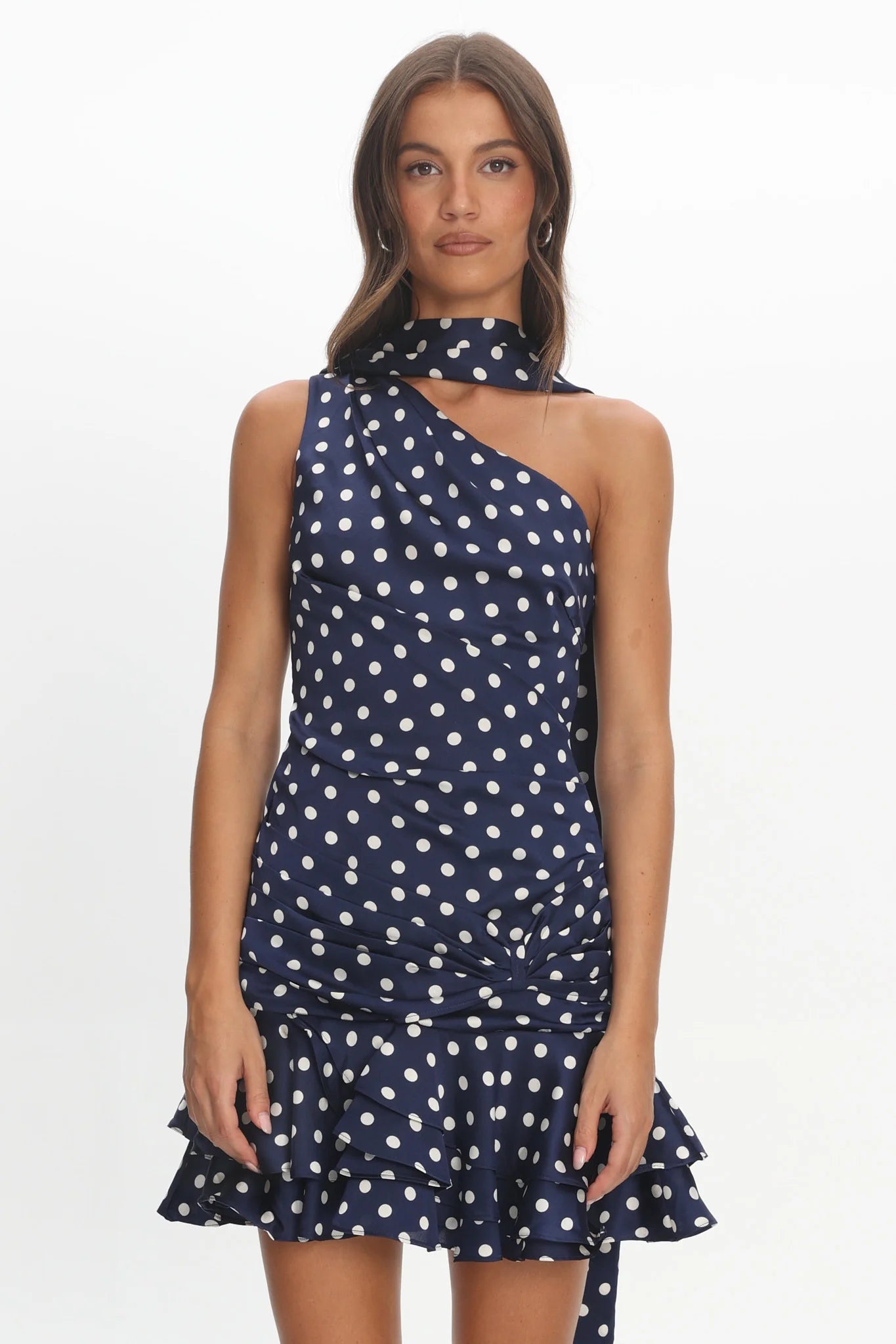 Truett One-Shoulder Sash Mini Dress Polka Dot Navy