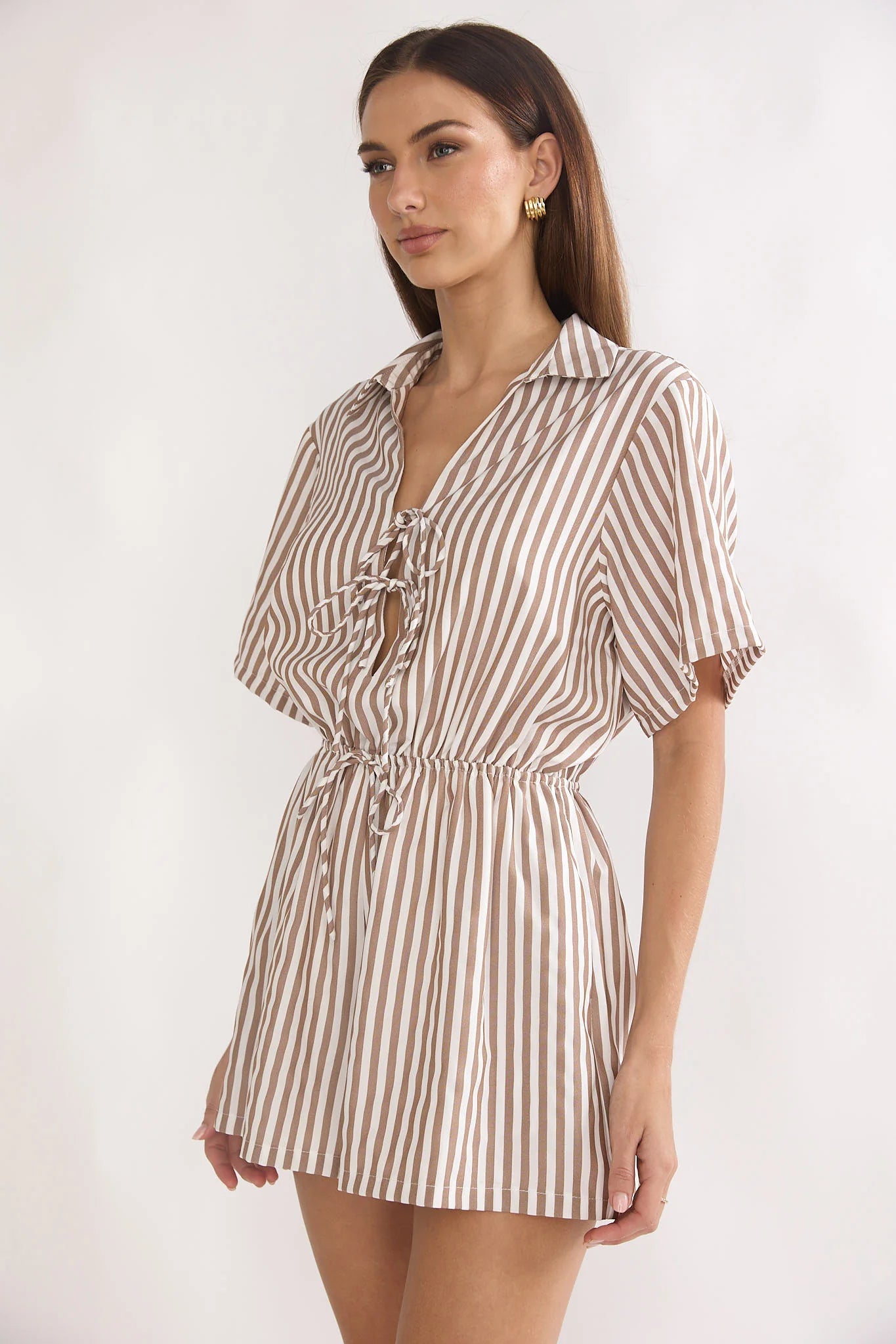 Devon Tie Front Romper Stripe Chocolate