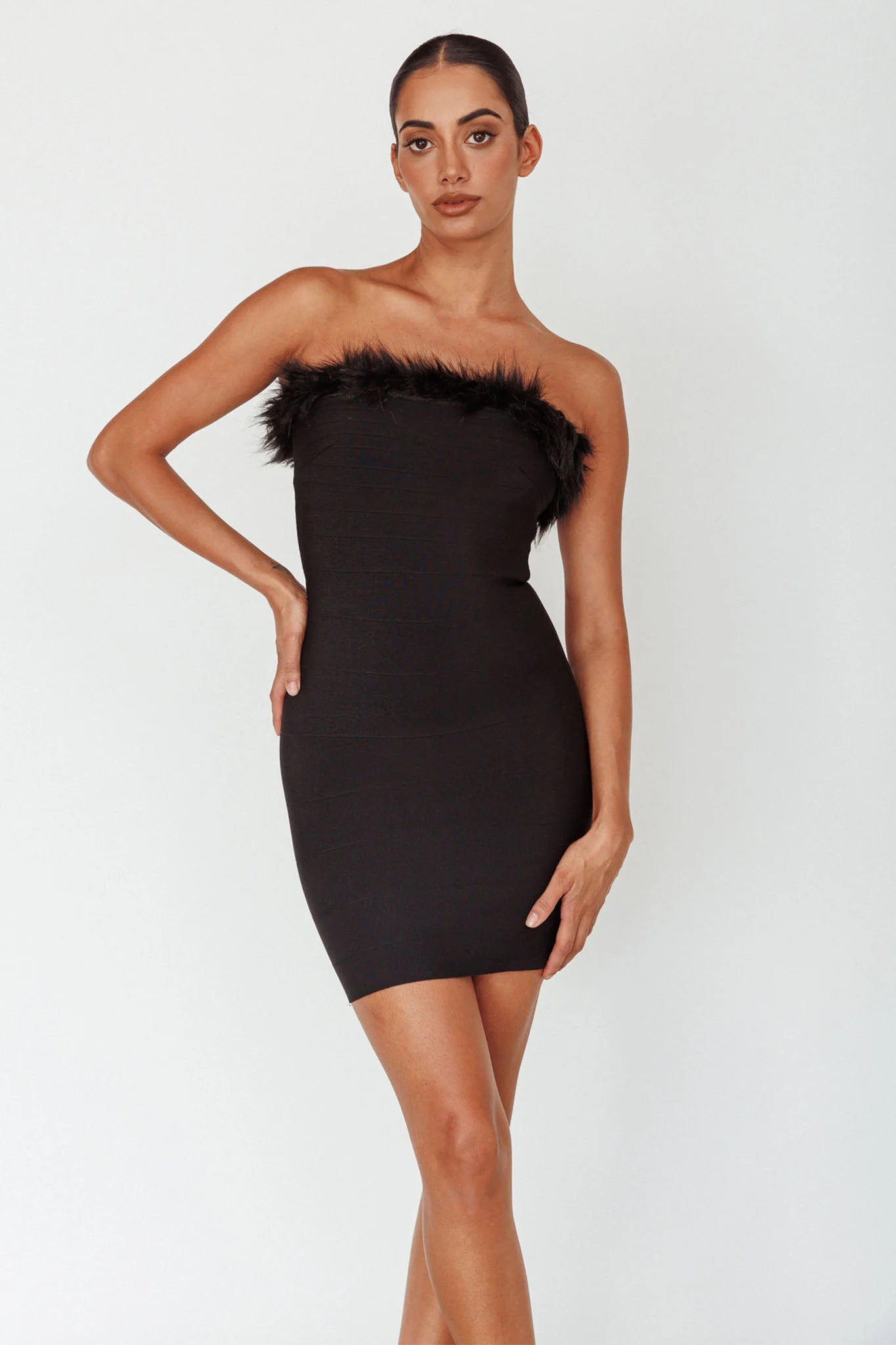 Cherri Fur Trim Mini Dress Electric Black