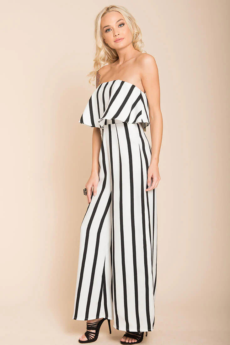 Posh Pin Stripe Ruffle Jumpsuit White