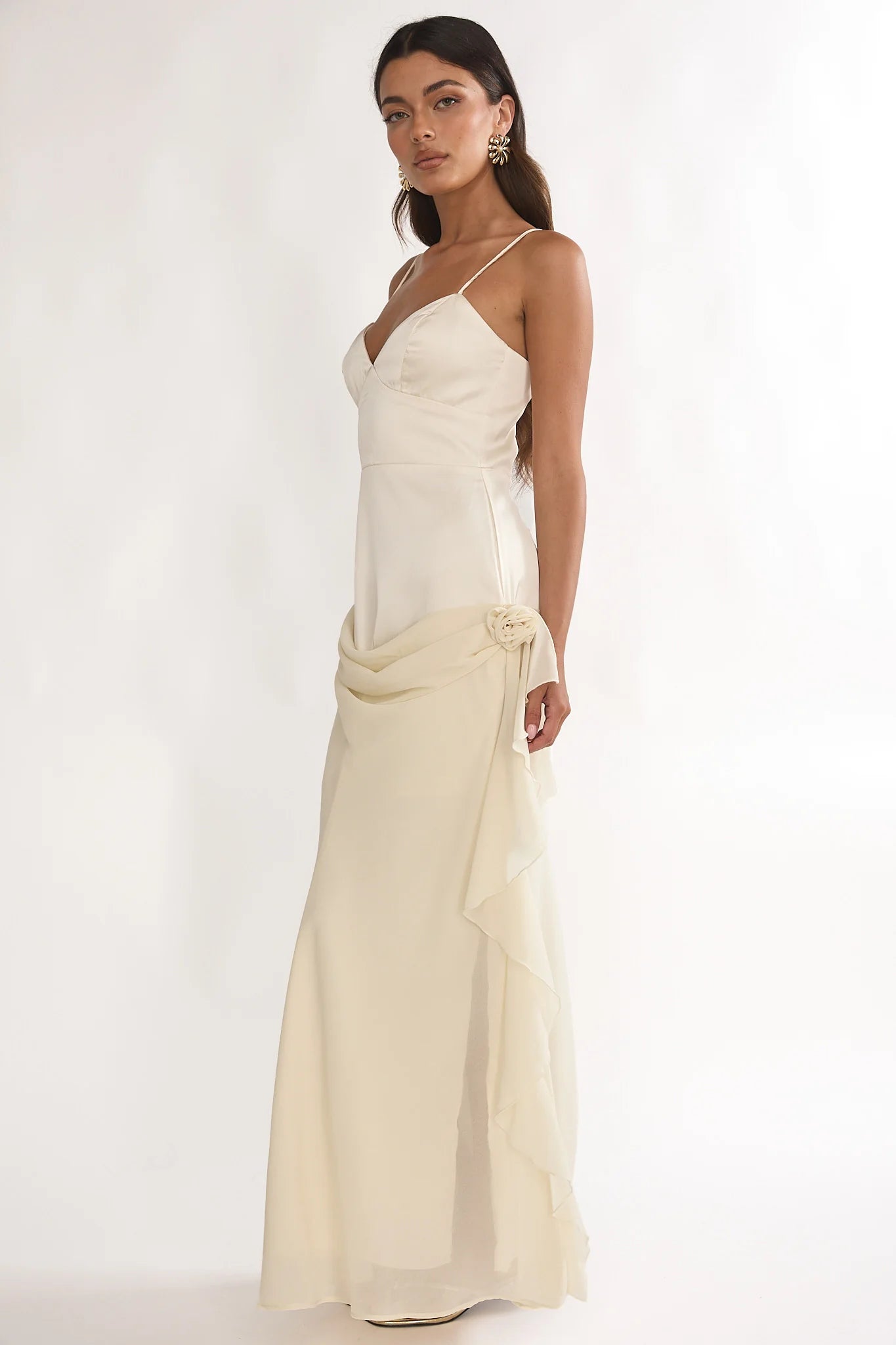 Rivena Rosette Chiffon Drape Maxi Dress Oyster