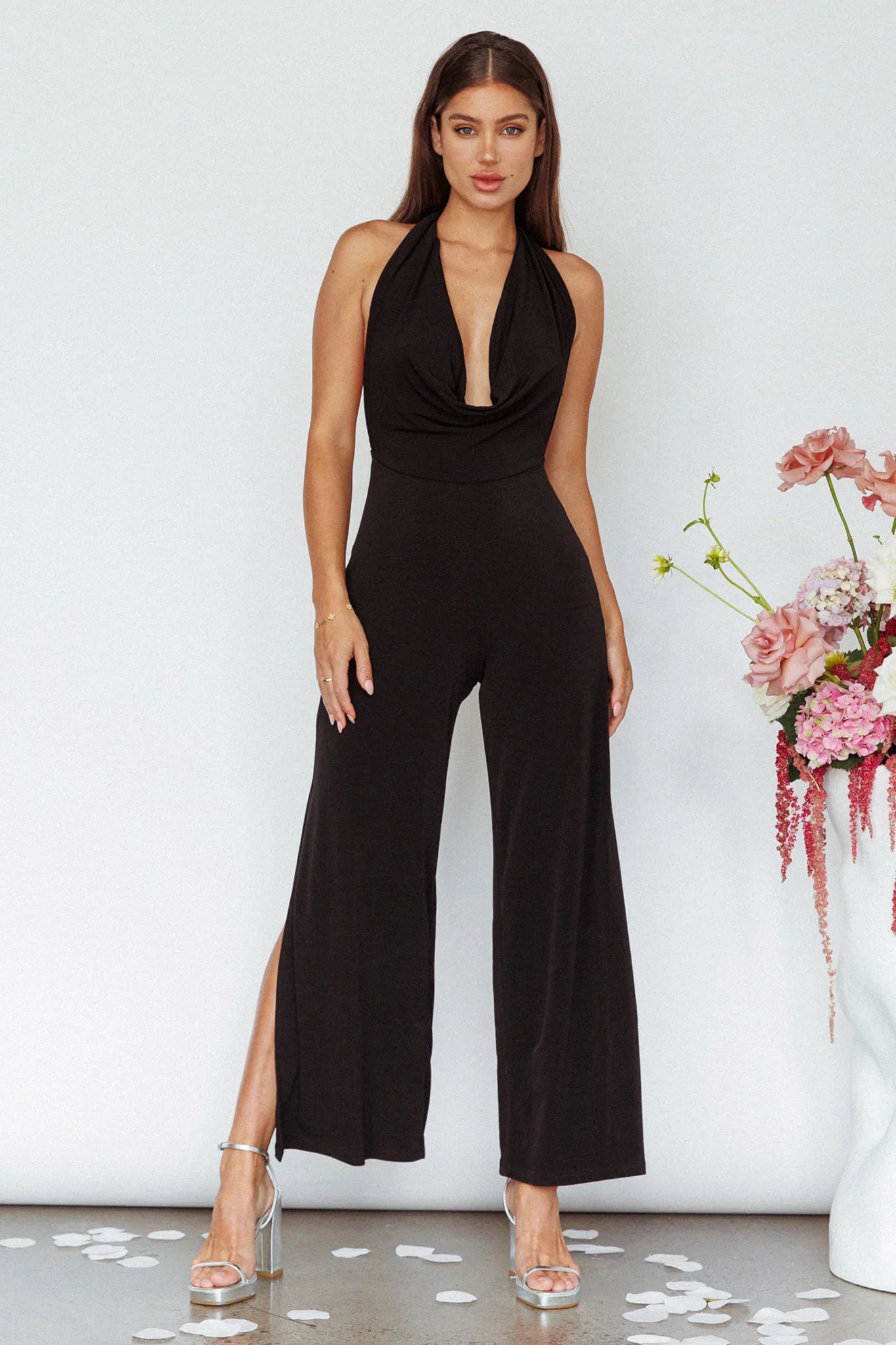 Emanuella Halterneck Split Jumpsuit Black